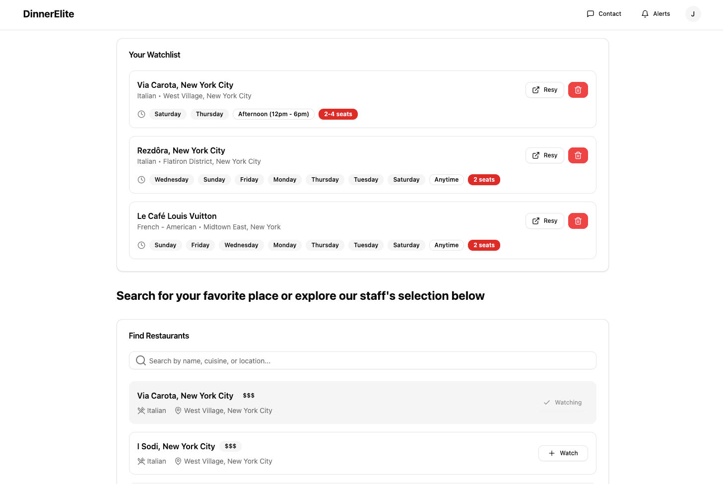 DinnerElite Dashboard Preview